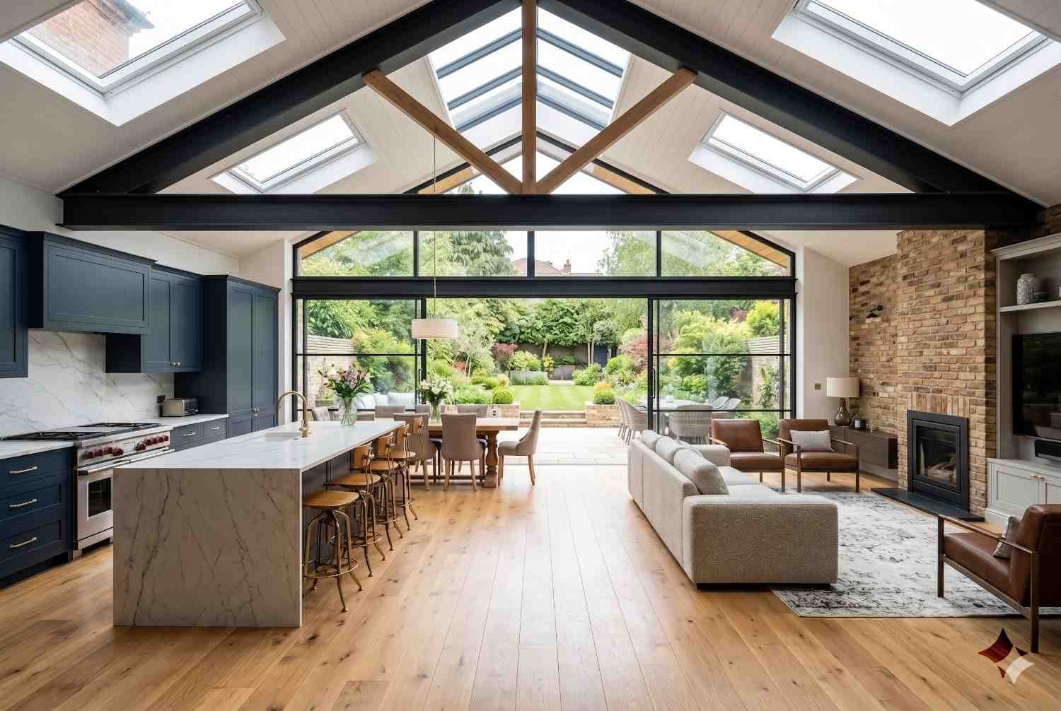 Luxury open-plan home extension featuring a modern kitchen with marble island, vaulted ceiling skylights, exposed beams, spacious living area, and seamless indoor-outdoor connection. High-end residential remodeling design maximizes natural light, functionality, energy efficiency, and contemporary family living.