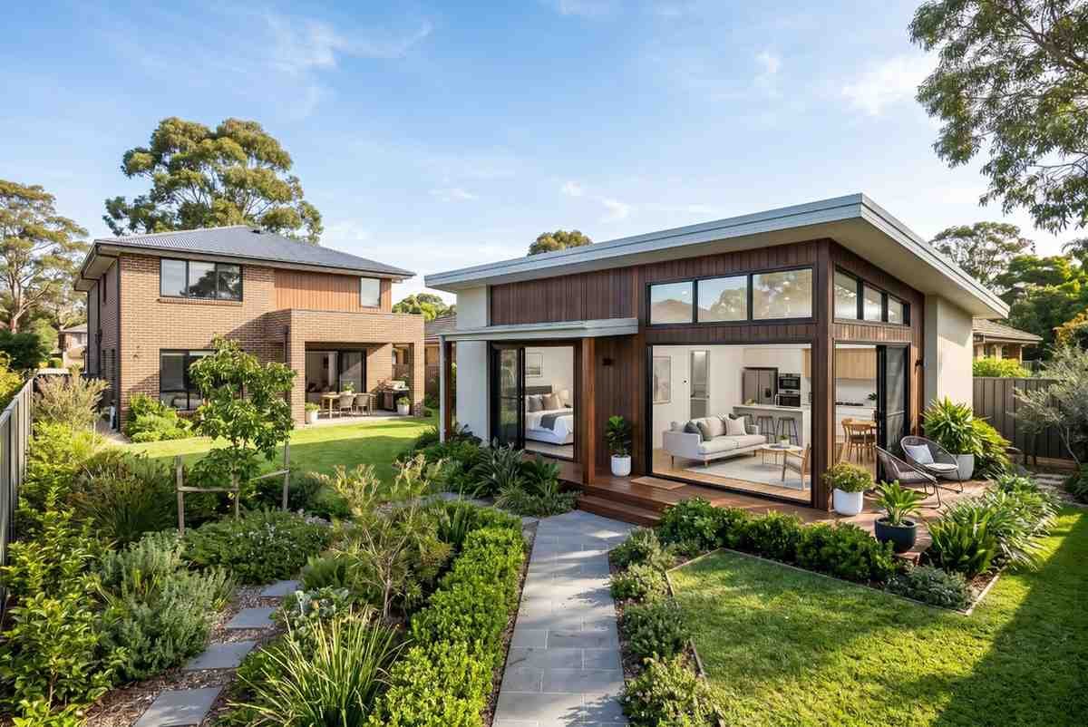 Modern backyard garden suite with floor-to-ceiling windows, open-concept living space, and landscaped outdoor area beside a primary residence. Contemporary accessory dwelling unit (ADU) design enhances property value, natural light, energy efficiency, and flexible living space for guests, rental income, or home office use.