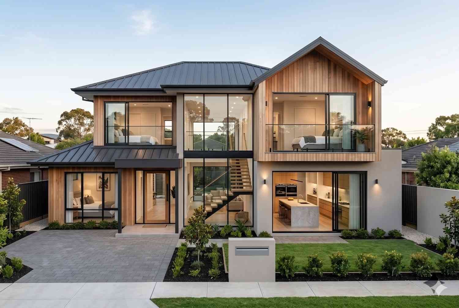 Modern luxury two-story home with timber cladding, expansive glass windows, private balconies, and contemporary architectural design. Newly built custom residence featuring open-plan living, premium finishes, landscaped front yard, and energy-efficient construction in an upscale suburban neighborhood.