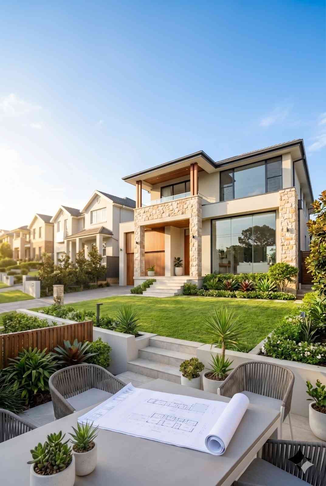 Luxury custom home exterior featuring stone facade, landscaped front yard, contemporary architecture, and architectural plans in the foreground. Premium residential construction showcasing elegant curb appeal, modern design, and high-end home building craftsmanship in a master-planned neighborhood.