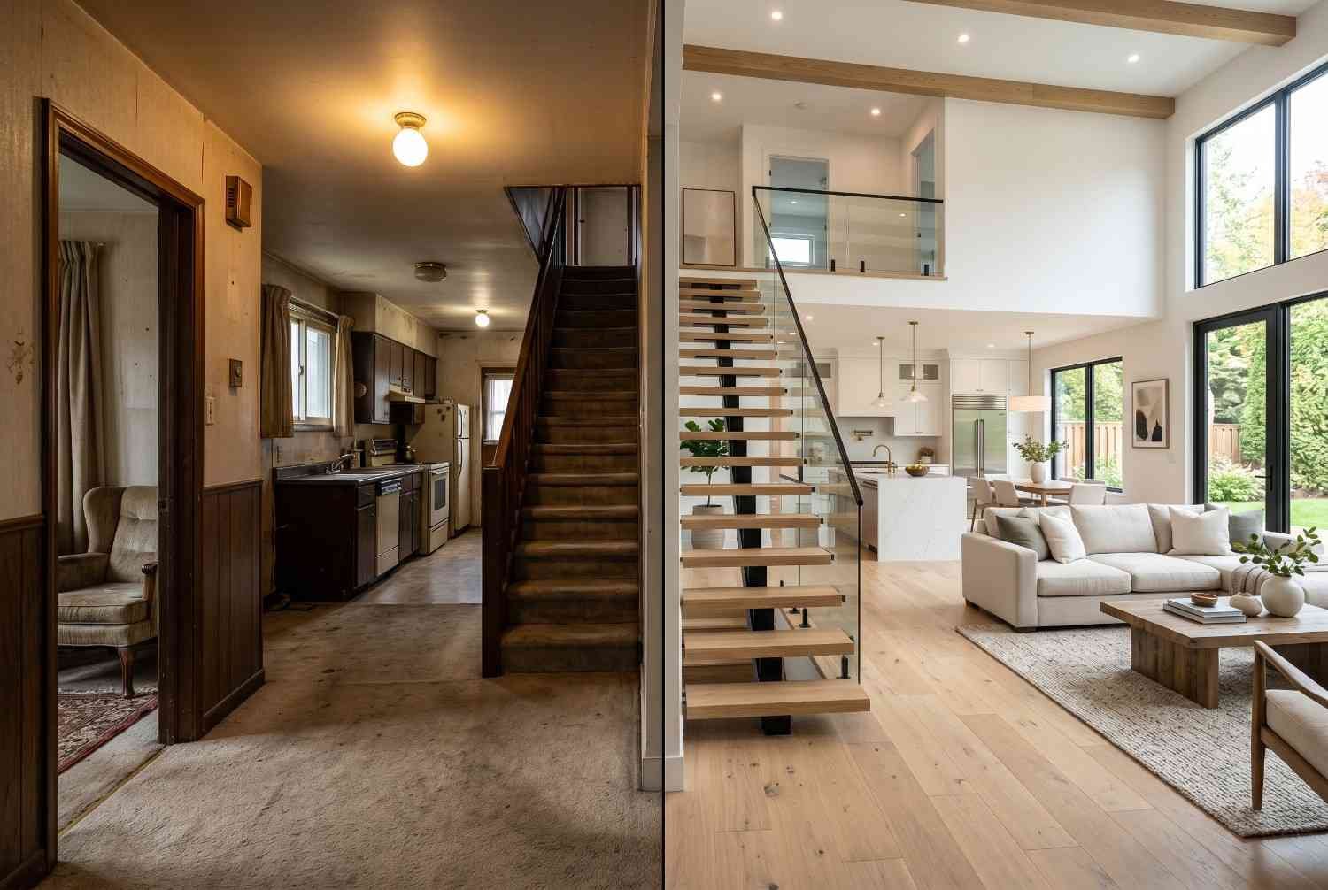 Home renovation before-and-after comparison showing transformation from an outdated interior to a modern open-concept living space. Residential remodeling project features contemporary design, upgraded staircase, natural light, and luxury finishes, highlighting professional home renovation, interior remodeling, and property value improvement.