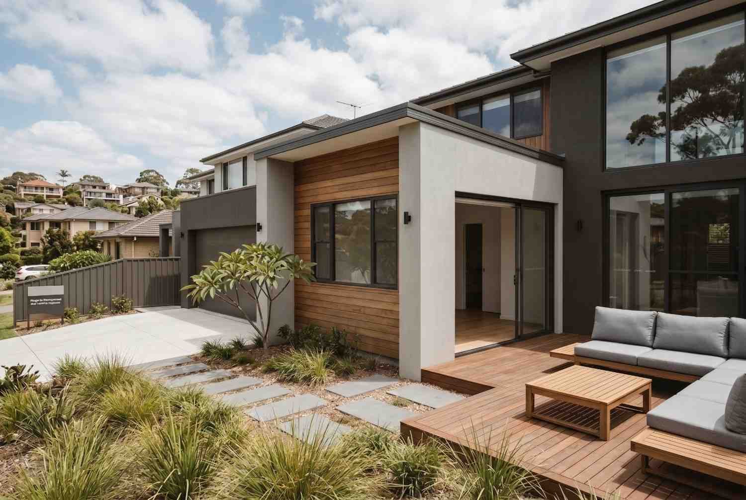 Modern custom home extension featuring contemporary architecture, timber cladding, landscaped courtyard, outdoor entertaining deck, and seamless indoor-outdoor living. Residential construction project showcasing luxury home renovation, premium finishes, and professional building design with functional outdoor spaces.