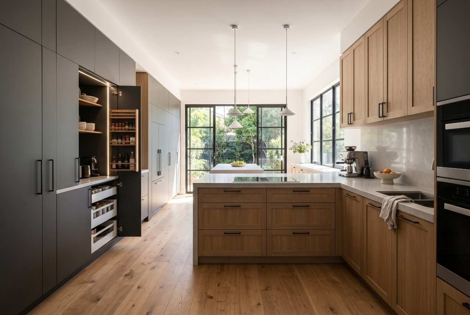 Contemporary kitchen renovation featuring custom timber cabinetry, a large island bench, integrated appliances, walk-in pantry storage, and natural timber flooring. Bright modern kitchen design with premium finishes, functional layout, and abundant natural light for stylish family living and entertaining.