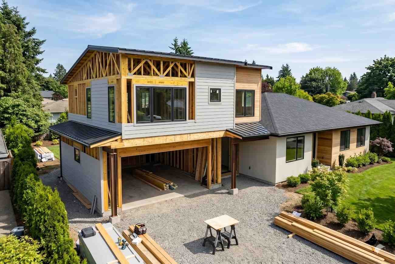 New home construction project featuring timber framing, modern architectural design, attached garage, and partially completed exterior finishes. Residential building development showcasing custom home construction, structural framework installation, and contemporary housing design in a suburban neighborhood