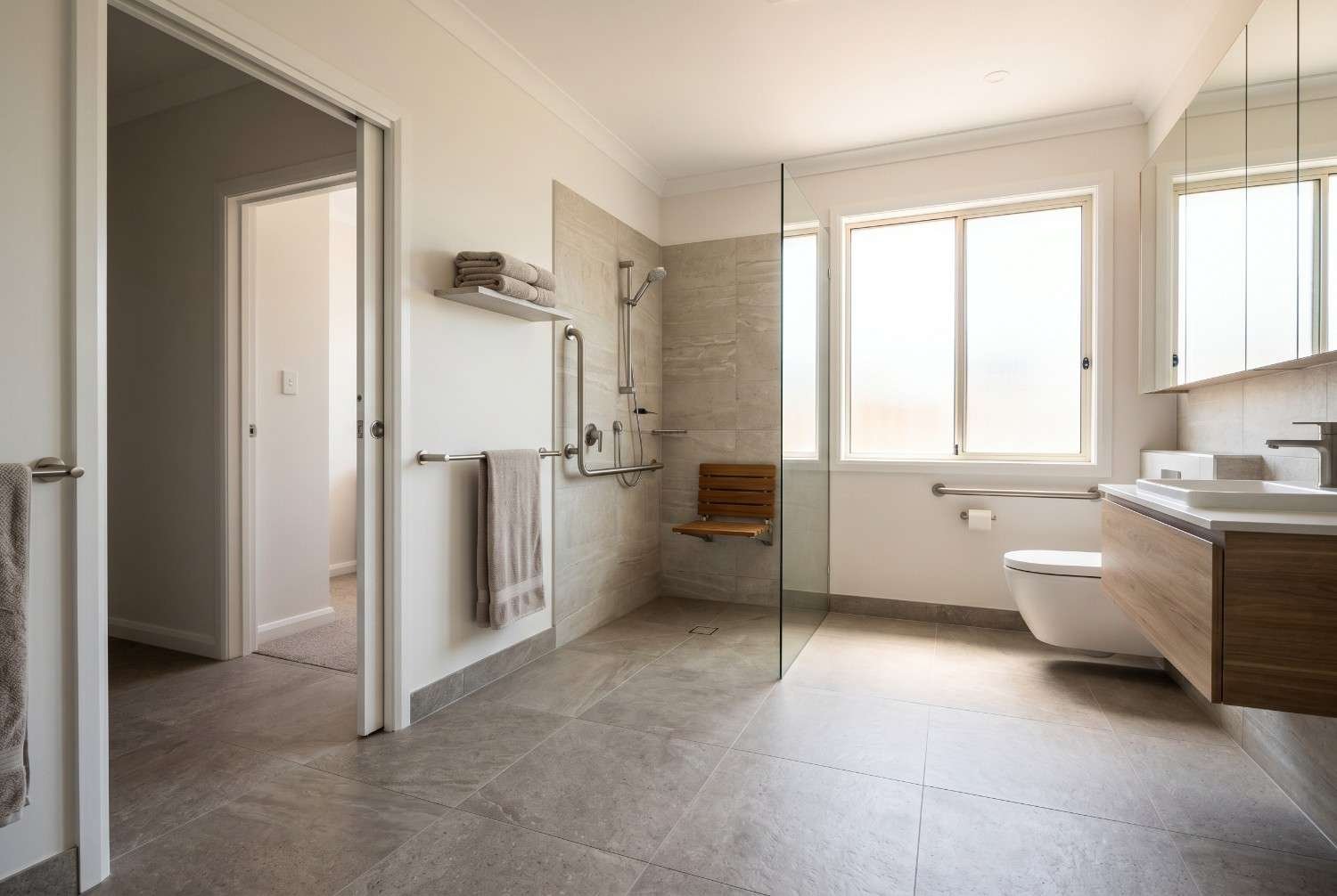 Accessible bathroom renovation featuring a walk-in shower with grab bars, built-in bench seat, floating vanity, non-slip tile flooring, and modern fixtures. Universal design bathroom remodeling enhances safety, comfort, accessibility, and functionality while maintaining a stylish, contemporary residential interior