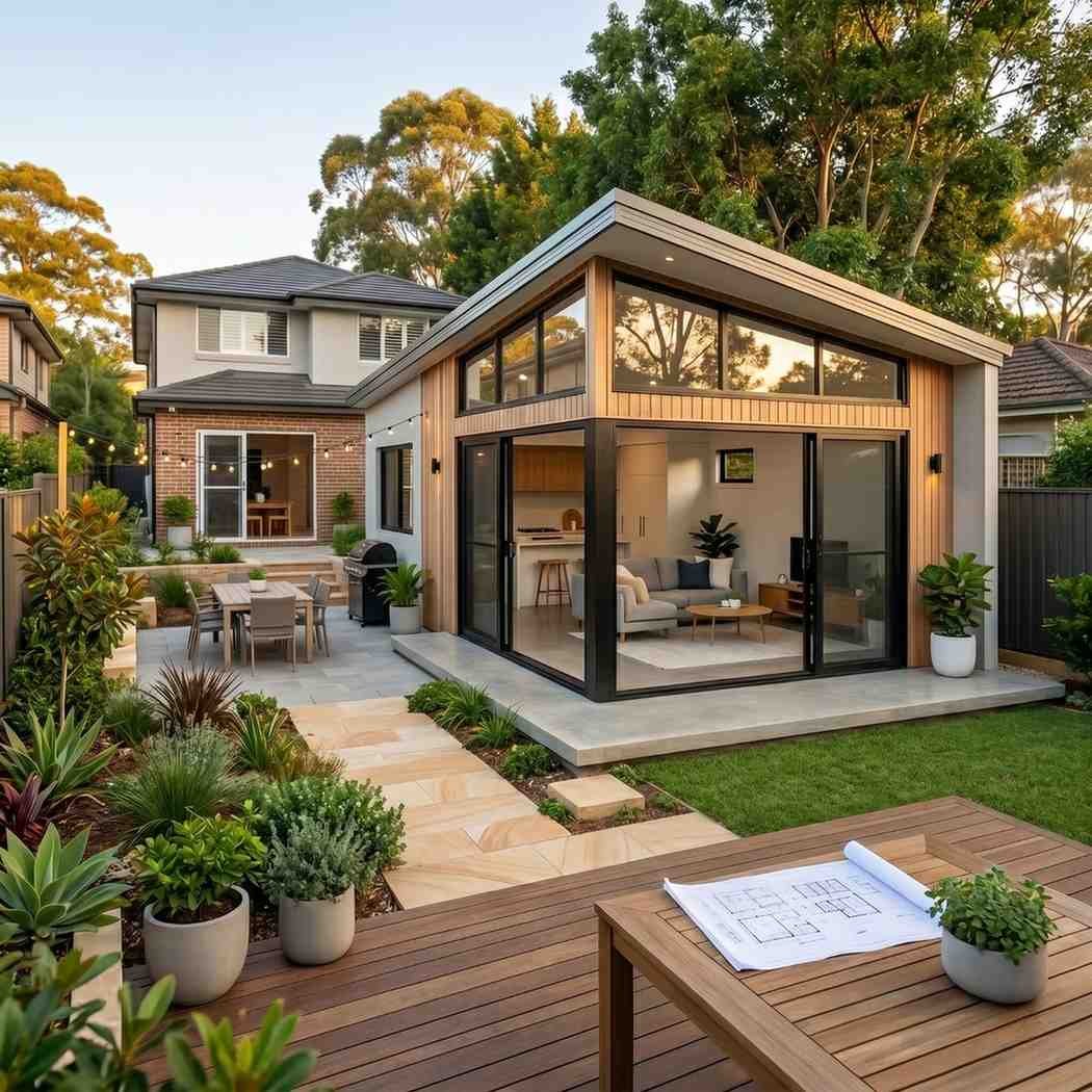 Modern home extension featuring floor-to-ceiling glass, contemporary architecture, landscaped backyard, and outdoor entertaining area. Residential renovation project showcasing seamless indoor-outdoor living, custom home design, premium finishes, and architectural plans for a luxury home addition.