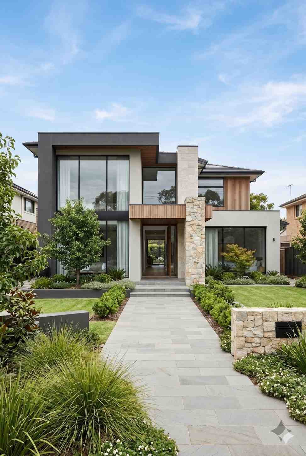 Modern luxury home exterior featuring contemporary architecture, stone cladding, landscaped front garden, and expansive floor-to-ceiling windows. Custom residential construction showcasing premium facade design, elegant curb appeal, and high-end home building craftsmanship