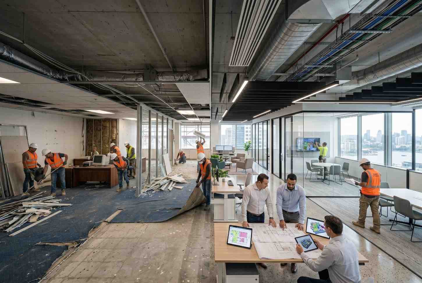 Commercial office renovation before and after transformation featuring workplace construction, modern fit-out design, glass meeting rooms, open-plan workspaces, and project planning. Corporate office refurbishment showcasing interior remodeling, workplace modernization, and contemporary commercial construction solutions.