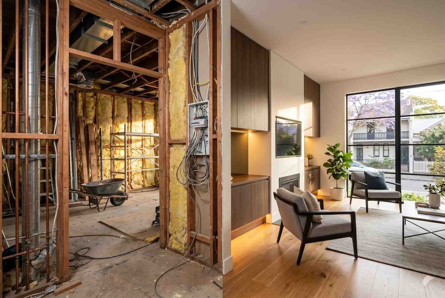 Home renovation before-and-after comparison showing structural framing, insulation, and electrical work transformed into a modern living room with custom cabinetry, natural light, and contemporary finishes. Residential remodeling project highlighting expert construction, interior design, and property value improvement. (