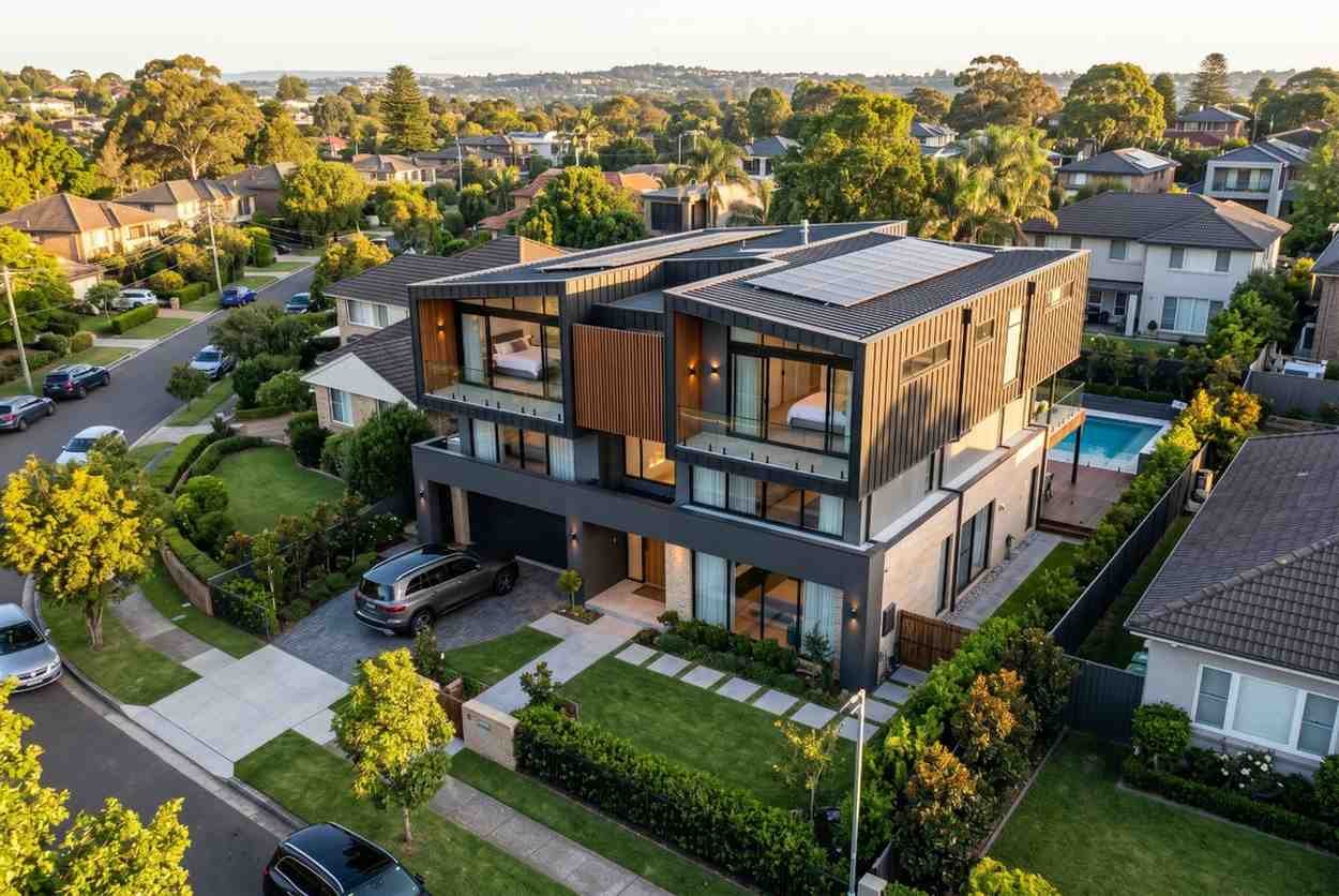 Modern luxury duplex development with contemporary architecture, solar panels, landscaped gardens, private balconies, and premium outdoor living spaces. High-end residential construction showcasing sustainable home design, energy-efficient features, and upscale suburban real estate investment.