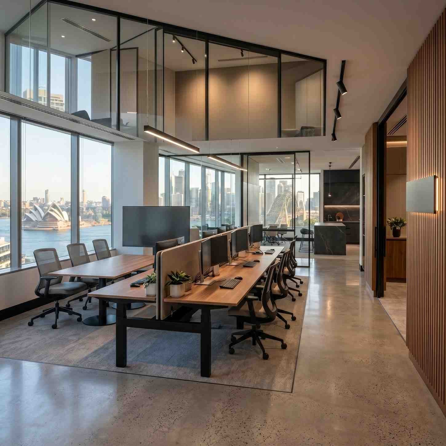 Modern commercial office fitout with open-plan workstations, glass meeting rooms, premium finishes, and floor-to-ceiling windows overlooking the city skyline. Contemporary workplace design showcasing professional office interiors, collaborative workspaces, and high-end corporate fitout solutions.