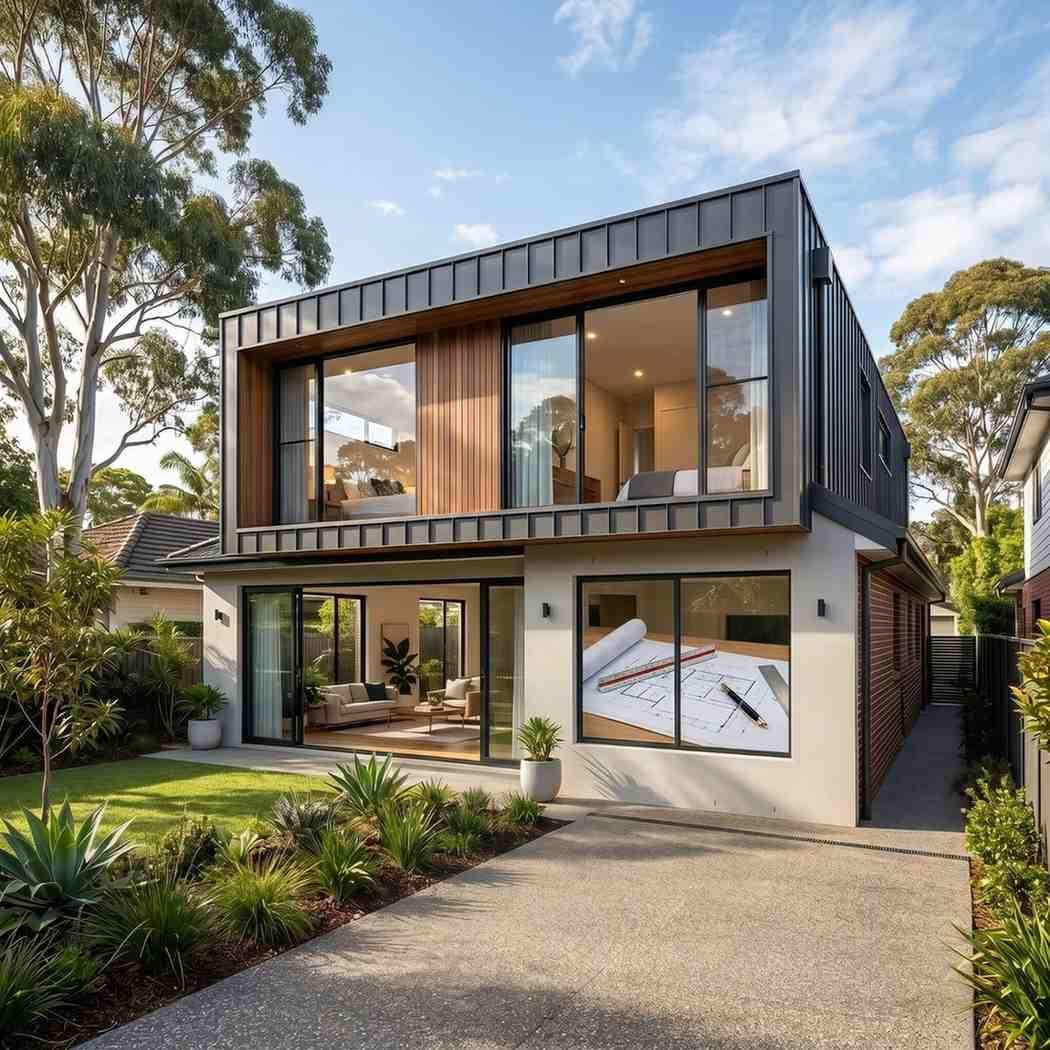 Modern custom home design featuring a two-storey contemporary facade with large windows, premium cladding, landscaped garden, and open-plan living spaces. New home construction showcasing modern architecture, energy-efficient design, and high-end residential building craftsmanship.