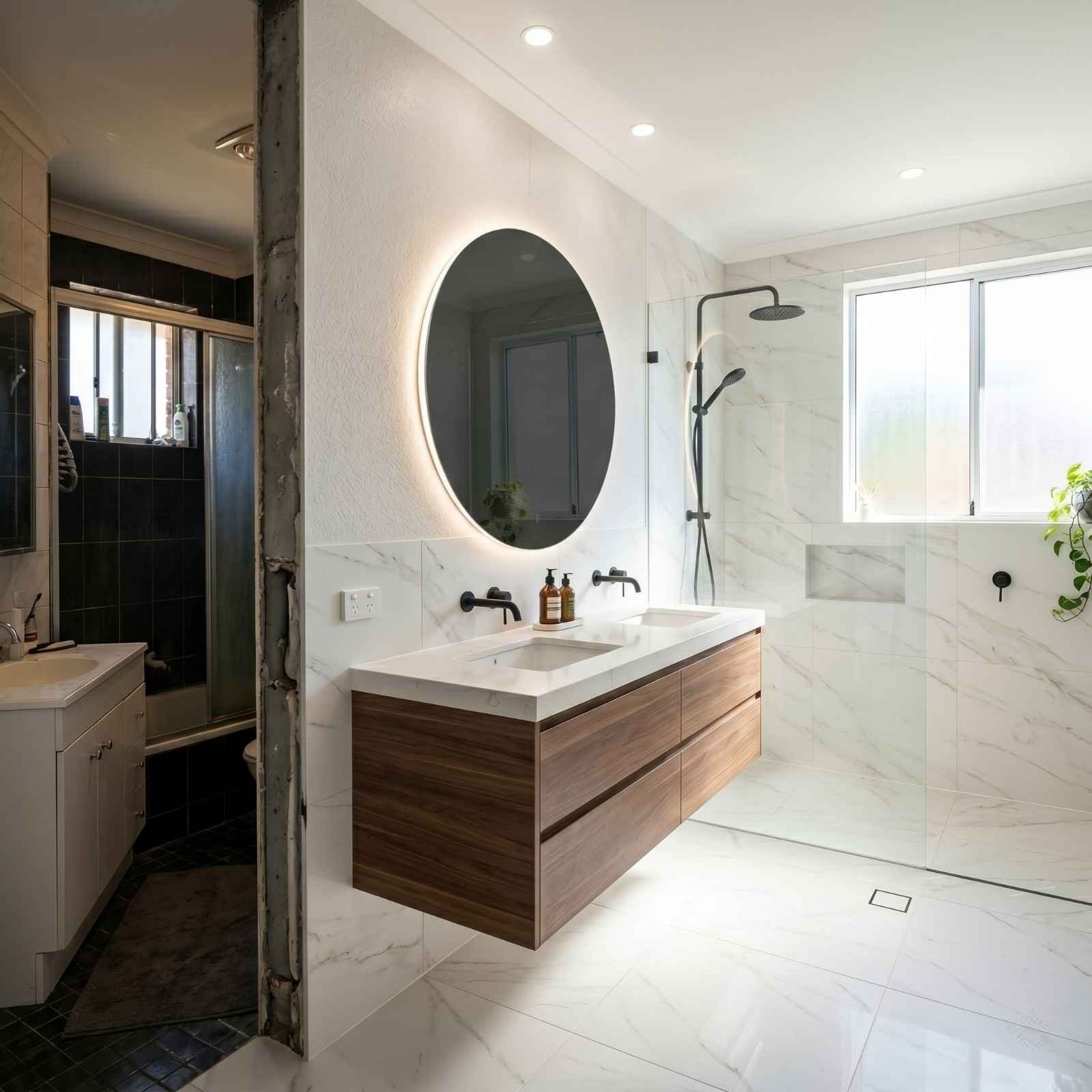 Bathroom renovation before-and-after showcasing a modern marble bathroom upgrade with floating timber vanity, frameless glass shower, and LED mirror. Residential remodeling project highlighting luxury bathroom design, premium finishes, and contemporary home renovation transformation.
