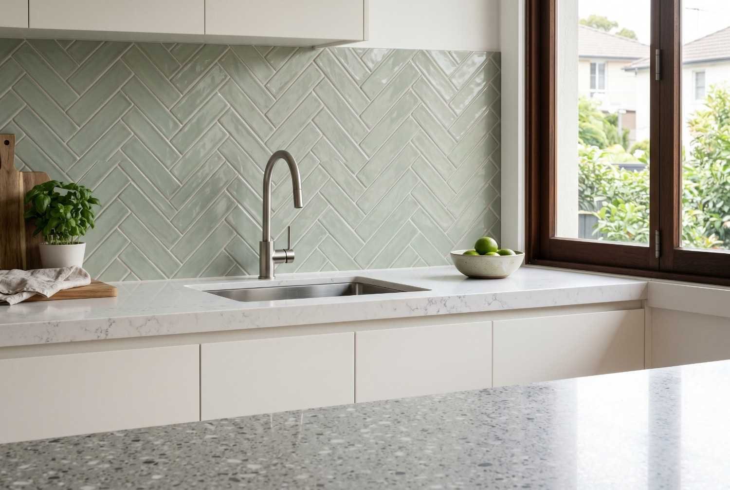 Modern kitchen sink area with mint green herringbone tile backsplash, stone benchtop, minimalist cabinetry, and large window for natural light. Stylish kitchen renovation showcasing contemporary design, premium finishes, and functional workspace for modern home living