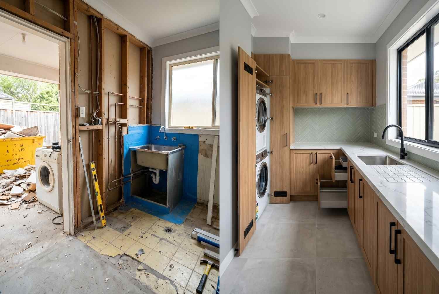 Laundry renovation before and after transformation featuring custom timber cabinetry, stone benchtops, built-in washer and dryer, and modern storage solutions. Home renovation project showcasing improved functionality, contemporary design, and efficient laundry room organization
