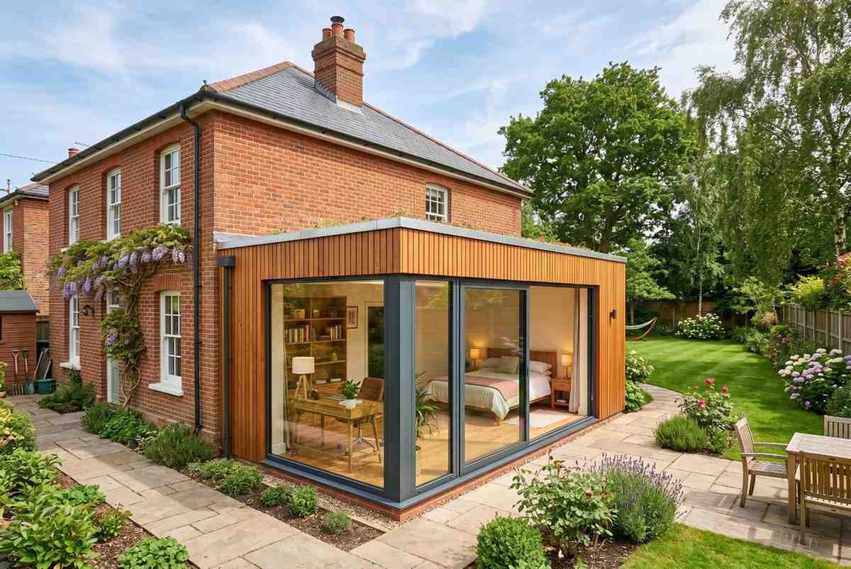 Contemporary home extension with timber cladding, floor-to-ceiling glass doors, and landscaped garden, seamlessly integrated into a traditional brick house. Modern residential renovation creates a bright bedroom and living space while enhancing natural light, energy efficiency, functionality, and property value