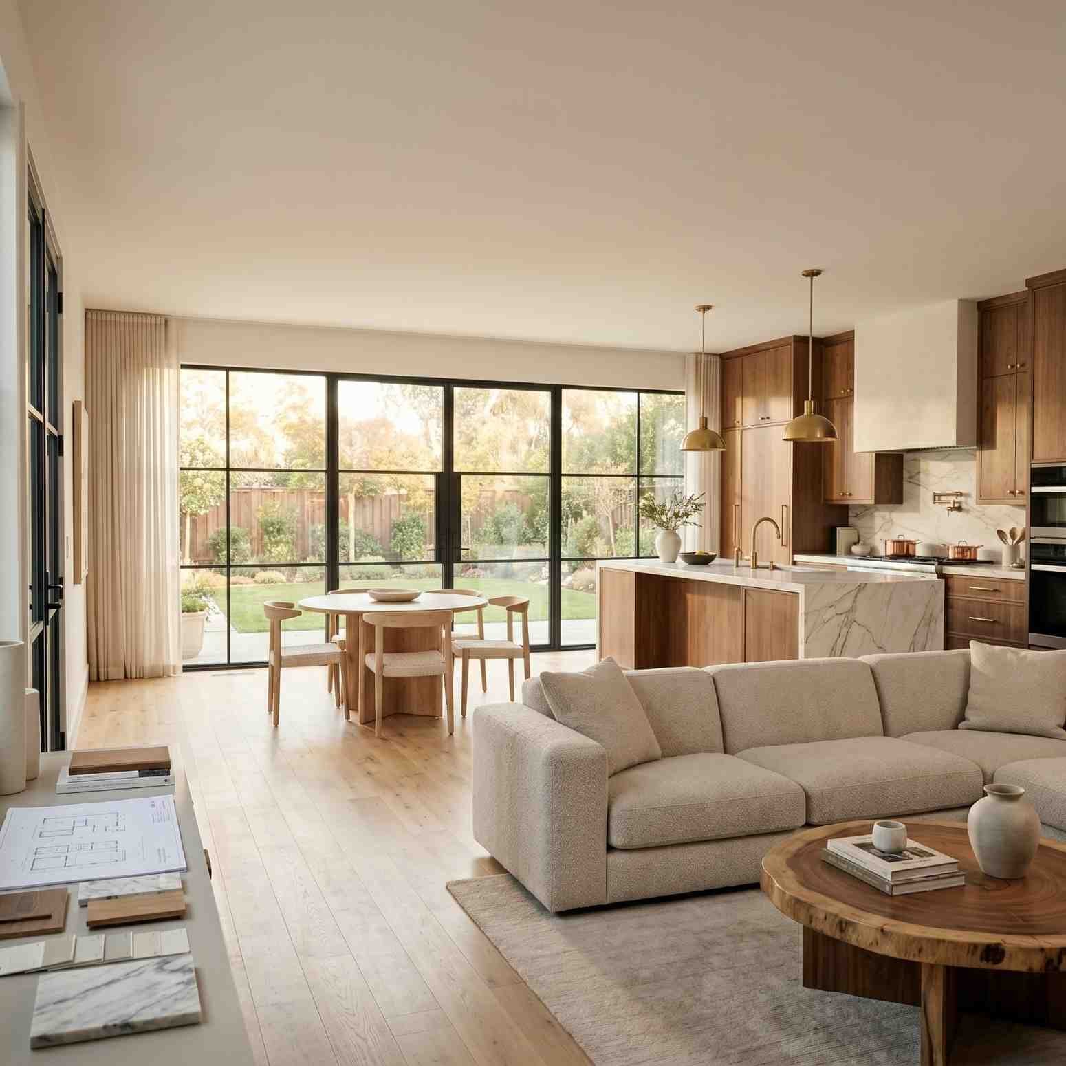 Luxury open-plan living and kitchen renovation featuring a marble waterfall island, custom timber cabinetry, floor-to-ceiling windows, and contemporary furnishings. Architectural home design showcasing premium interior remodeling, natural light, and seamless indoor-outdoor living