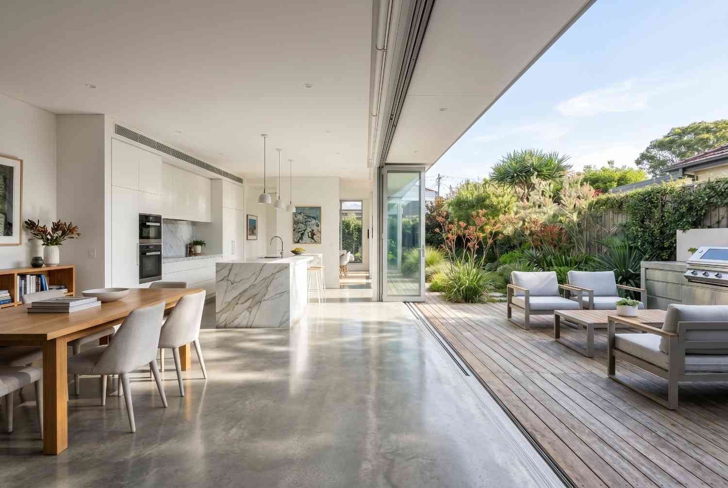 Modern open-plan kitchen and dining extension with marble island, polished concrete floors, and fully retractable glass doors opening to a landscaped outdoor patio. Contemporary home renovation maximizes natural light, indoor-outdoor living, functionality, energy efficiency, and premium residential design