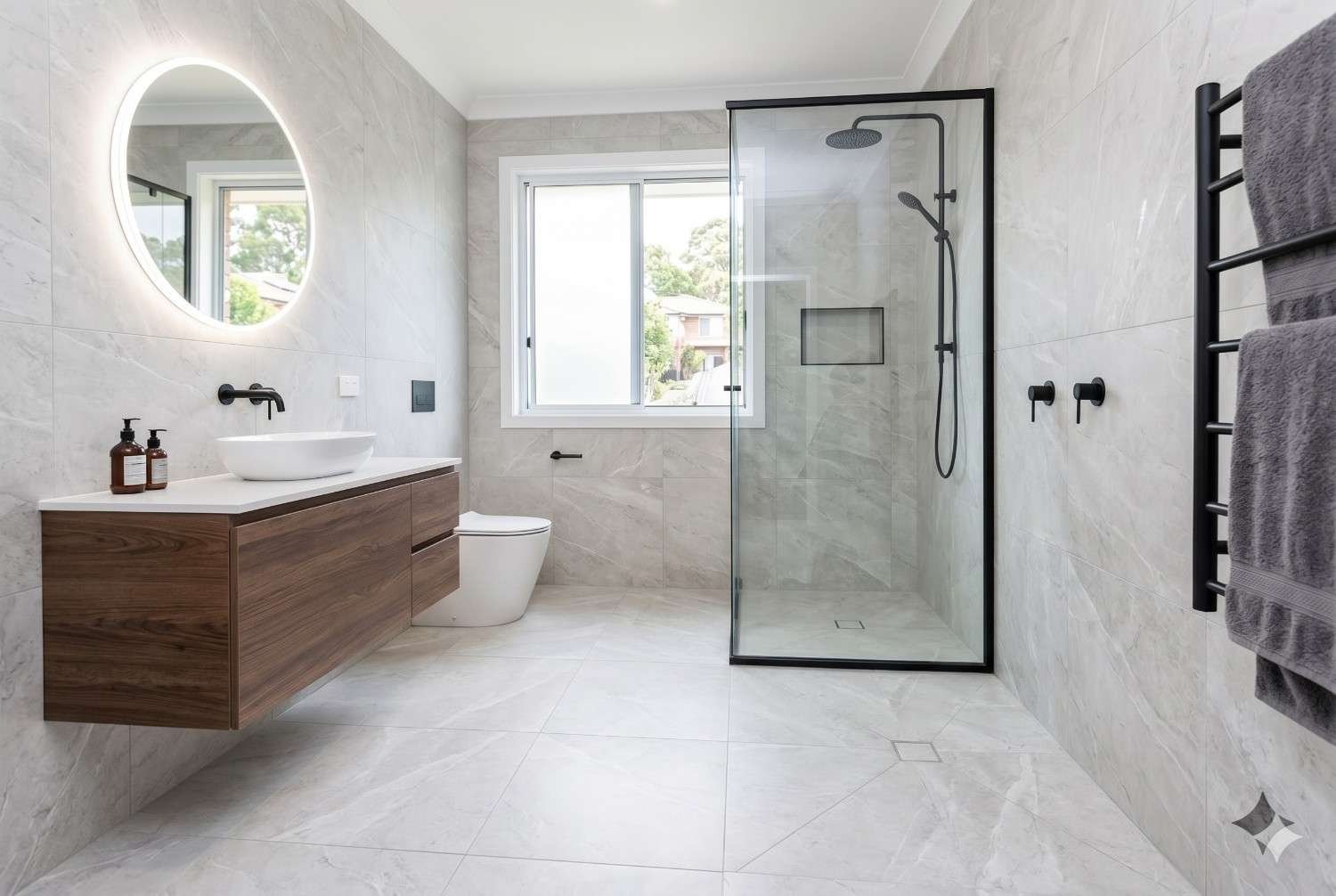 Modern bathroom renovation featuring a frameless glass shower, floating wood vanity, illuminated round mirror, large-format tile flooring, and contemporary fixtures. Luxury bathroom remodeling design maximizes natural light, functionality, storage, and spa-like comfort while enhancing home value and modern interior appeal