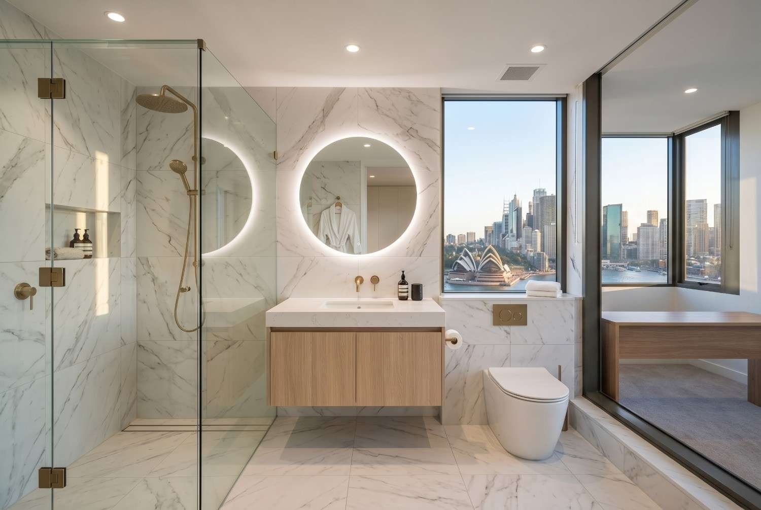 Luxury bathroom renovation featuring a frameless glass shower, marble-look wall tiles, floating wood vanity, illuminated round mirror, and panoramic city skyline views. Modern bathroom remodeling combines premium finishes, natural light, spa-inspired comfort, and contemporary design to enhance functionality and property value. (