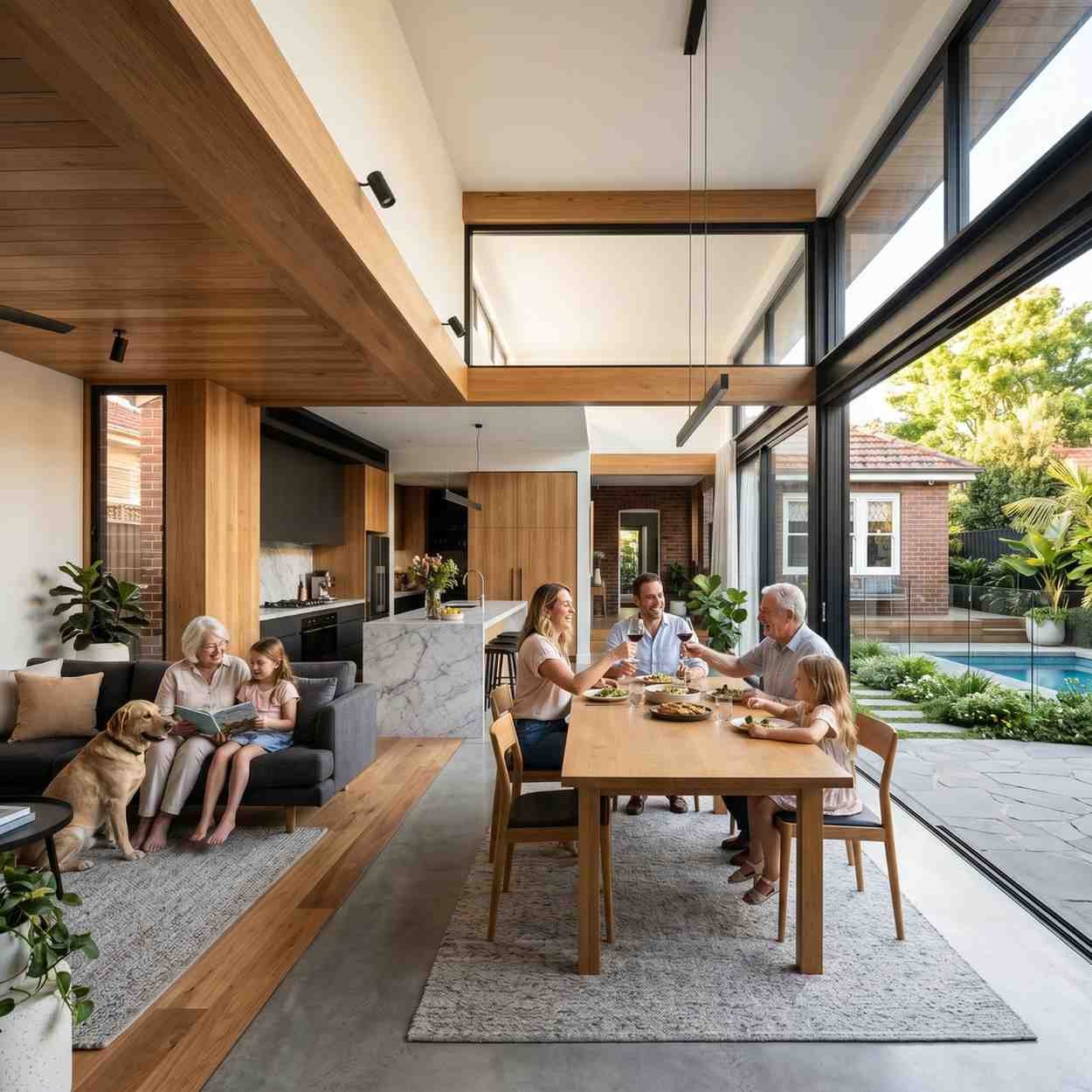 Family enjoying a luxury open-plan home renovation featuring a marble kitchen island, timber ceilings, floor-to-ceiling glass, and seamless indoor-outdoor living. Contemporary residential design showcasing modern architecture, natural light, and premium family-friendly living spaces