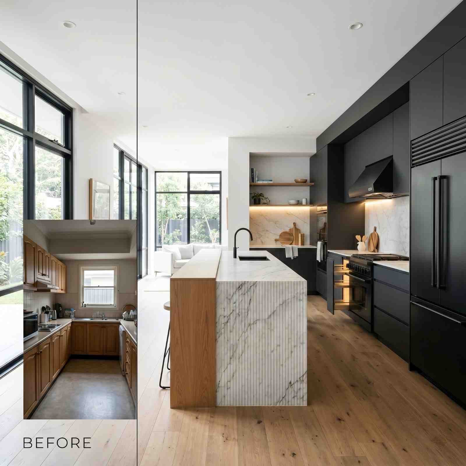 Kitchen renovation before-and-after featuring a modern luxury kitchen with black cabinetry, marble waterfall island, premium appliances, timber flooring, and open-plan living design. Home remodeling project showcasing contemporary kitchen transformation, custom joinery, and high-end interior finishes.