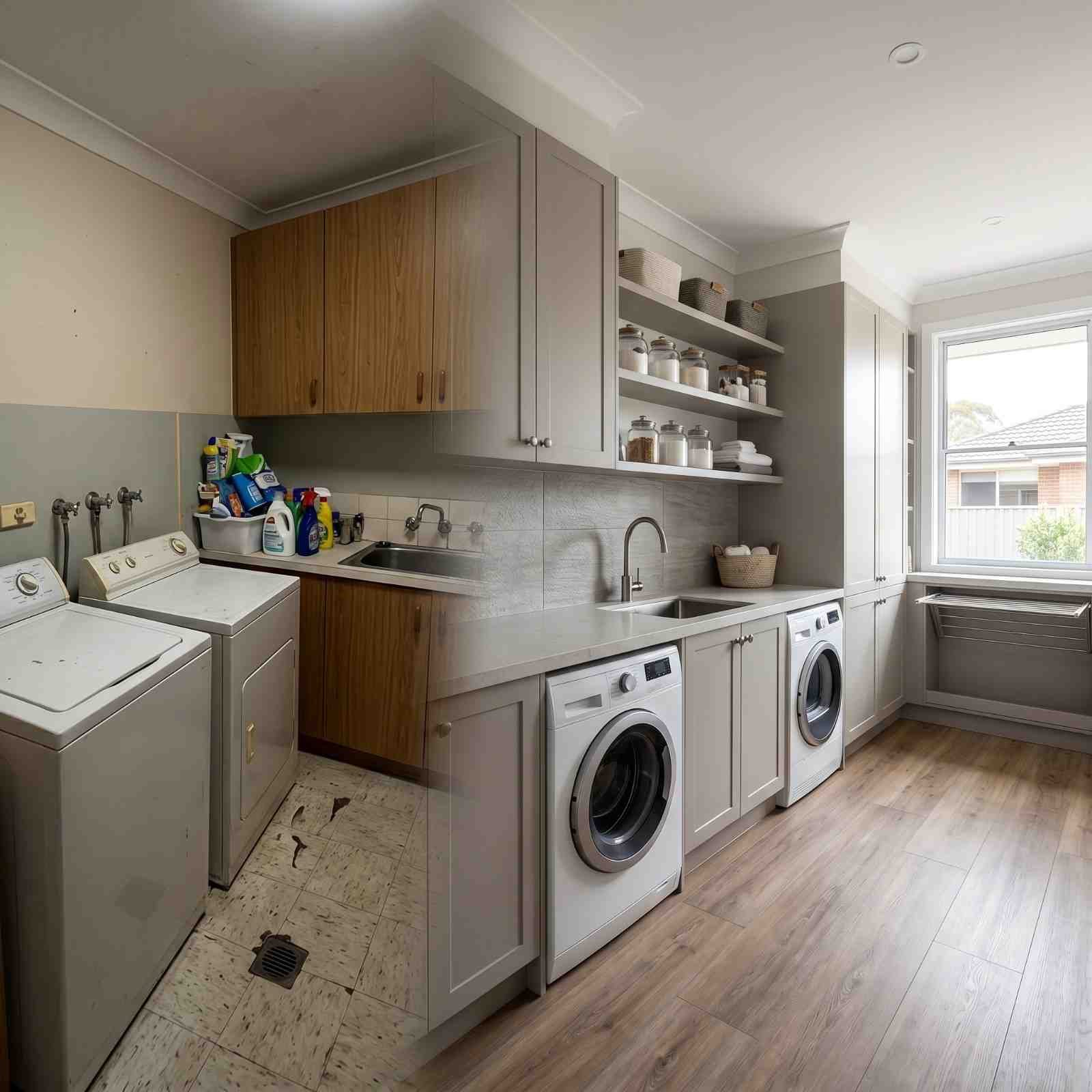 Laundry renovation before-and-after showcasing a modern laundry room with custom cabinetry, stone benchtops, open shelving, integrated sink, front-load washer and dryer, and timber-look flooring. Home laundry remodel highlighting improved storage, functionality, and contemporary interior design