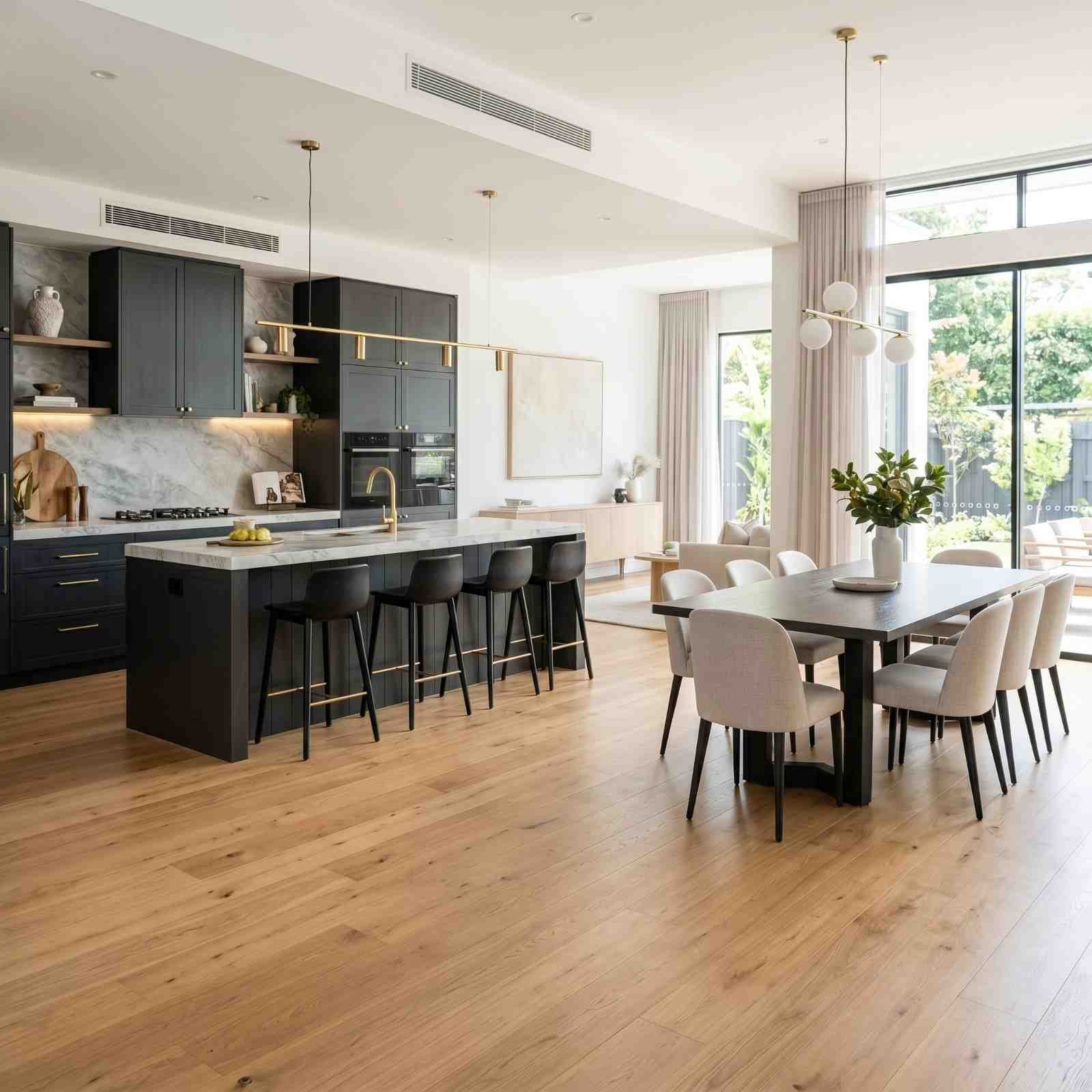Luxury open-plan kitchen and dining area featuring a marble waterfall island, custom dark cabinetry, timber flooring, and floor-to-ceiling windows. Contemporary home renovation showcasing premium interior design, natural light, and seamless modern living spaces.