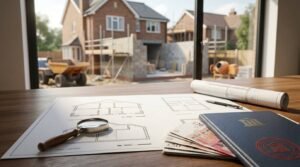 Architectural extension blueprints on a wooden desk with a magnifying glass, British pound banknotes, official planning permission folder, and pen, overlooking a residential house brick extension construction site through a window.