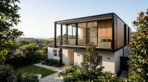 Modern two-storey home addition featuring a second-floor cantilevered black steel box with vertical timber cladding, floor-to-ceiling glass sliding doors, and a glass-railed balcony overlooking a landscaped garden and distant ocean views.