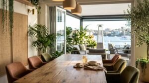 Sunlit indoor-outdoor restaurant dining room featuring a long rustic timber table with clay ceramic dinnerware, velvet armchairs, hanging pendant lights, and potted biophilic plants opening through bi-fold doors to a waterfront patio.