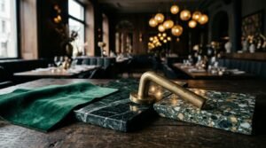 Brass door handle with marble and terrazzo material samples on a restaurant interior design table