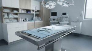 Modern veterinary surgical suite with an operating table, surgical instruments, and advanced medical equipment
