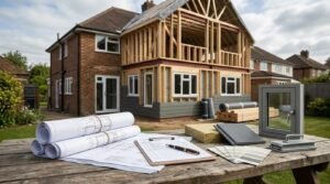 Architectural building blueprints, material samples, insulation block, paint swatches, and a double-glazed window sample arranged on a wooden table in front of a two-storey timber-frame house extension under construction.