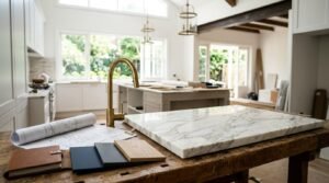 Luxury kitchen renovation featuring a marble waterfall island, brass faucet, architectural floor plans, and premium material samples