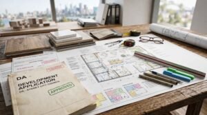 Development application approval documents, architectural floor plans, and building design materials on an architect's office desk