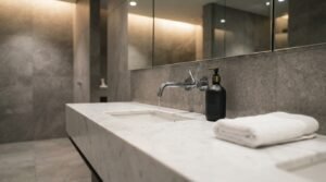 Modern commercial bathroom vanity with a marble countertop, wall-mounted faucet, and contemporary interior design