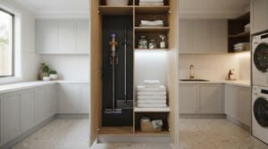 Custom laundry storage cabinet with open shelving, folded towels, cleaning supplies, and a cordless vacuum in a modern laundry room