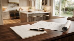 Fountain pen lying on a printed document next to floor plan blueprints on a dark walnut desk with a modern kitchen in the background