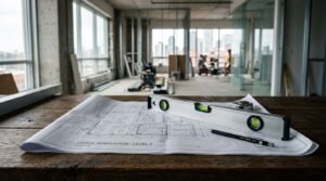 Office renovation blueprint with a spirit level and measuring tape on a wooden table inside a modern office under construction