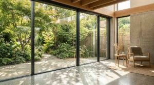 Modern architectural interior with floor-to-ceiling glass doors opening to a lush landscaped garden