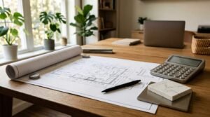 Architectural floor plan blueprint on a wooden desk with a calculator, pen, material sample, and laptop in a home office