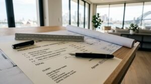 Architectural project quotation with blueprints, ruler, and fountain pen on a wooden table in a luxury waterfront residence