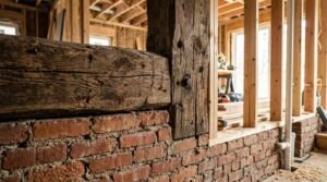 Timber frame and exposed brick wall during residential home renovation and structural restoration