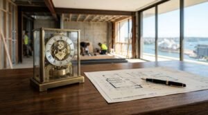 Mechanical clock on a wooden table beside architectural blueprints in a modern apartment under construction with a waterfront city view