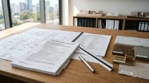 Home construction contract, architectural blueprints, material samples, and project specifications on a professional planning desk