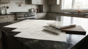 Architectural blueprints with a mechanical pencil, white marble square slab, and walnut wood swatch resting on a dark granite kitchen island
