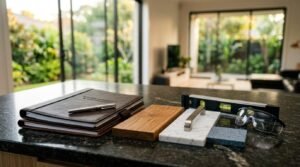 Builder selection materials including wood and stone samples, project documents, and construction tools on a modern kitchen countertop