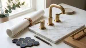 Bathroom renovation planning with brushed brass faucet, marble countertop sample, tile swatches, and architectural materials