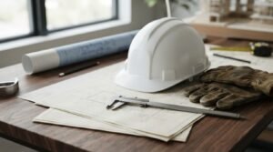 Construction safety helmet, blueprints, caliper, and work gloves on a contractor’s desk in a professional building workspace